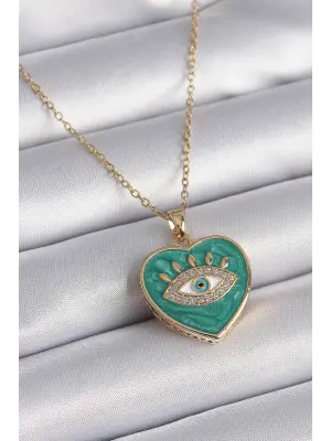  Altın  Zincir Göz İşlemeli Yeşil Kalp Model Zirkon Taşlı  Çelik Kolye