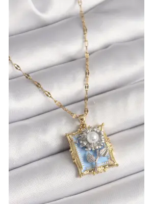 Altın Zincir Gümüş Çiçek İşleme İnci Detaylı Mavi Portre Model Paslanmaz Çelik Kolye