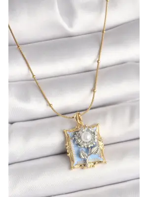 316L Çelik Gold Renk Zincir Gümüş İncili Gül Mavi Portre Model Kadın Kolye
