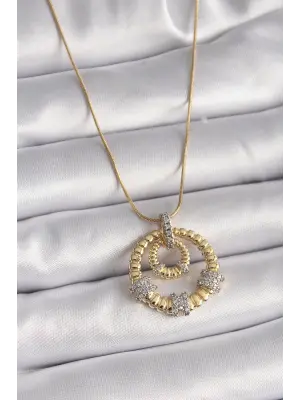  Altın  Zincir Gümüş Zirkon Taşlı Madalyon Model  Çelik Kolye
