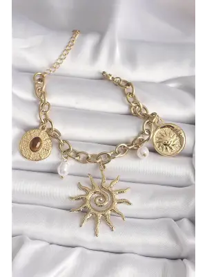 316L Çelik Gold Renk Zincir İnci Detay Güneş Model Kadın Bileklik