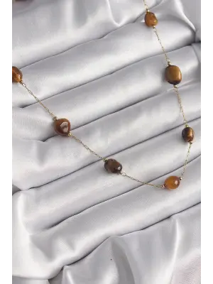  Altın  Zincir Kahvrengi Doğaltaş Model  Çelik Kolye