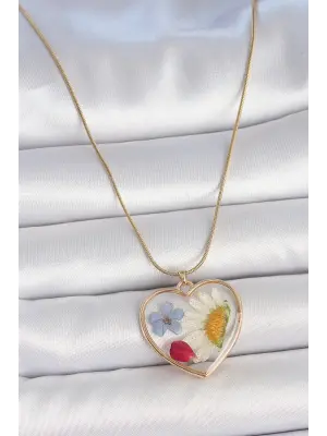 316L Çelik Gold Renk Zincir Kalp Epoksi Çiçek Model Kadın Kolye