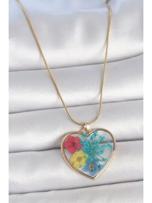 316L Çelik Gold Renk Zincir Kalp Epoksi Renkli Çiçek Model Kadın Kolye