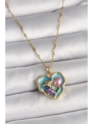  Altın  Zincir Kalp Gül Portre Model  Çelik Kolye