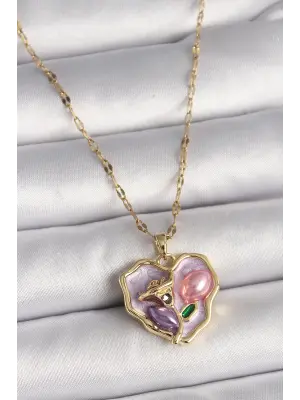  Altın  Zincir Kalp Mor Portre Gül İşleme  Çelik Kolye