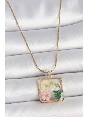 316L Çelik Gold Renk Zincir Kare Epoksi Çiçek Model Kadın Kolye