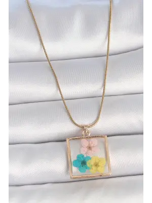 316L Çelik Gold Renk Zincir Kare Epoksi Renkli Çiçek Model Kadın Kolye