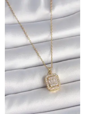 316L Çelik Gold Renk Zincir Kare Zirkon Taş Model Kadın Kolye
