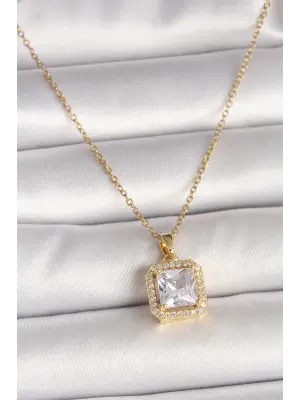 316L Çelik Gold Renk Zincir Kare Zirkon Taşlı Model Kadın Kolye