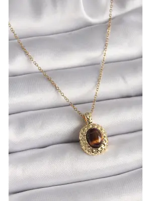  Altın  Zincir Kehribar Boncuk Model  Çelik Kolye