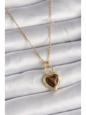  Altın  Zincir Kilit Kalp Kehribar Boncuk Model  Çelik Kolye