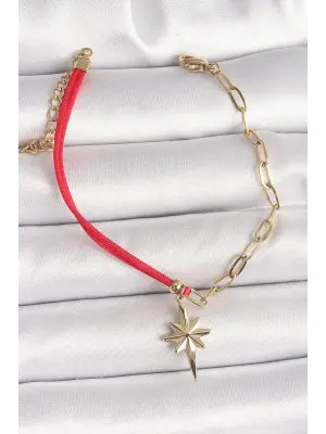 316L Çelik Gold Renk Zincir Kırmızı İp Model Sallantı Kutup Yıldız Figür Kadın Bileklik