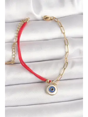 316L Çelik Gold Renk Zincir Kırmızı İp Model Sallantı Nazar Boncuk Figür Kadın Bileklik