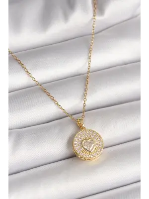 316L Çelik Gold Renk Zincir Madalyon Zirkon Taşlı Kalp Model Kadın Kolye