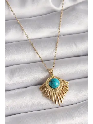  Altın  Zincir Mavi Boncuk Güneş Model  Çelik Kolye