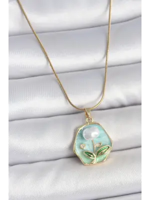 316L Çelik Gold Renk Zincir Mavi Çiçek İşlemeli İnci İşlemeli Portre Model Kadın Kolye