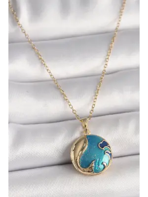  Altın  Zincir Mavi Dünya Model  Çelik Kolye
