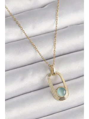  Altın  Zincir Mavi Kedi Göz Model  Çelik Kolye