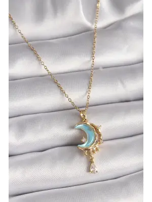  Altın  Zincir Mavi Mineli Hilal Model Sallantı Zirkon Taş Detay  Çelik Kolye