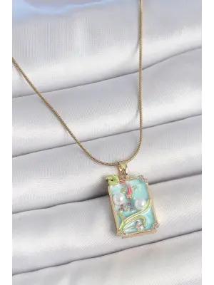 316L Çelik Gold Renk Zincir Mavi Mineli İncili Çiçek İşlemeli Portre Model Kadın Kolye