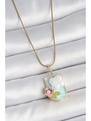 316L Çelik Gold Renk Zincir Mavi Mineli İncili Çiçek İşlemeli Portre Model Kadın Kolye