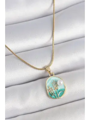 316L Çelik Gold Renk Zincir Mavi Mineli İncili Çiçek İşlemeli Portre Model Kadın Kolye