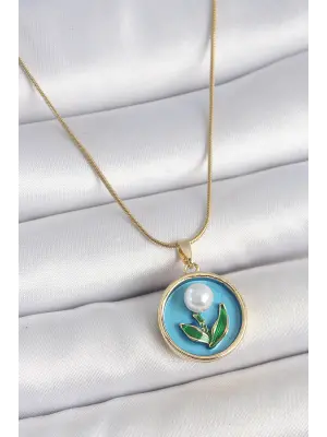 316L Çelik Gold Renk Zincir Mavi Mineli İncili Çiçek İşlemeli Portre Model Kadın Kolye