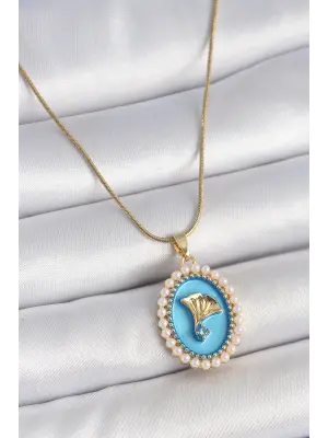 316L Çelik Gold Renk Zincir Mavi Mineli İncili Zirkon Taşlı Çiçek İşlemeli Portre Model Kadın Kolye