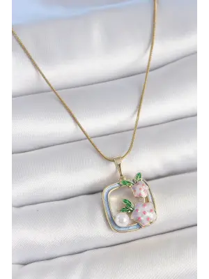 316L Çelik Gold Renk Zincir Mavi Mineli Kare Model Çiçek İşlemeli İnci Detay Kadın Kolye