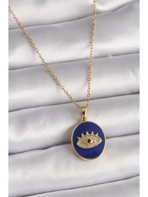  Altın  Zincir Mavi Mineli Zirkon Taşlı Göz İşleme  Çelik Kolye
