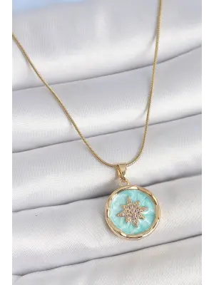 316L Çelik Gold Renk Zincir Mavi Mineli Zirkon Taşlı Kuzey Yıldız İşlemli Madalyon Model Kadın Kolye