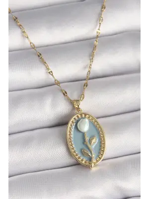  Altın  Zincir Mavi Portre Beyaz Gül İşleme  Çelik Kolye