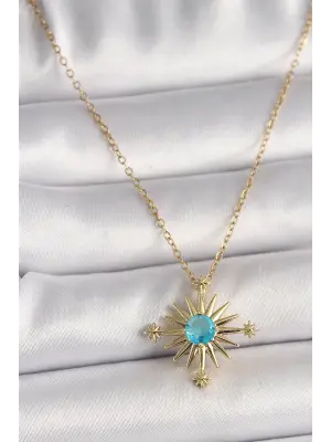  Altın  Zincir Mavi Taş Detaylı Kuzey Yıldız Model  Çelik Kolye