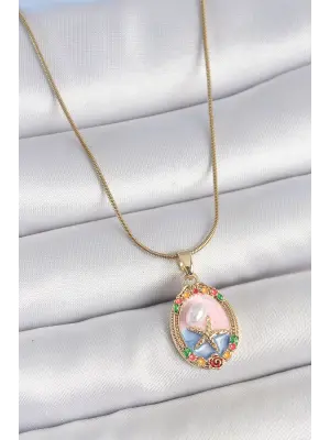 316L Çelik Gold Renk Zincir Mix Renk Deniz Yıldız İşlemeli İnci Detay Portre Model Kadın Kolye