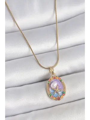 316L Çelik Gold Renk Zincir Mix Renk Deniz Yıldız İşlemeli Renki Çiçek Detay Portre Model Kadın Kolye