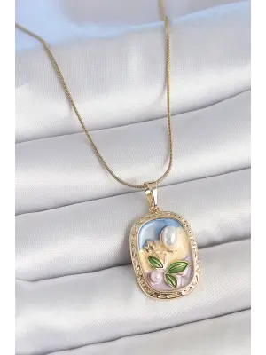 316L Çelik Gold Renk Zincir Mix Renk Mineli İnci Çiçek İşlemeli Portre Model Kadın Kolye