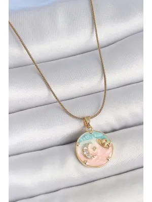 316L Çelik Gold Renk Zincir Mix Renk Mineli Zirkon Taşlı Gezegen İşlemeli Yıldız Detay Madalyon Model Kadın Kolye