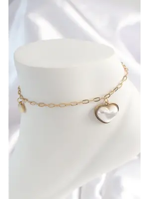 316L Çelik Gold Renk Zincir Model 3D İnci Kalp Model Kadın HalHal