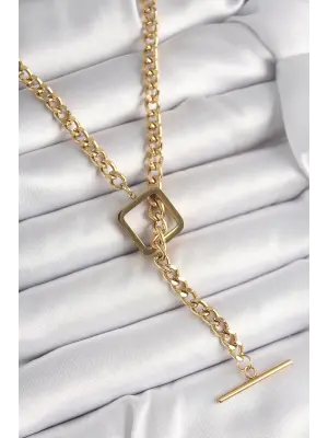 316L Çelik Gold Renk Zincir Model Kare Figür Kadın Kolye