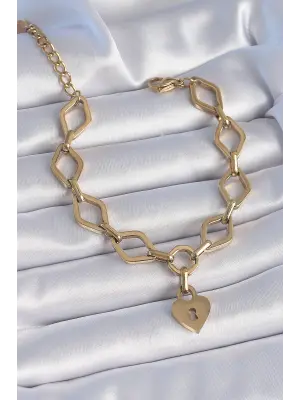 316L Çelik Gold Renk Zincir Model Kilit Kalp Figür Kadın Bileklik