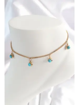 316L Çelik Gold Renk Zincir Model Mavi Taşlı Sallantı Figür Kadın HalHal