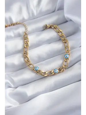 316L Çelik Gold Renk Zincir Model Nazar Boncuklu Kadın Bileklik