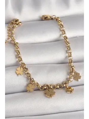316L Çelik Gold Renk Zincir Model Sallantı Yonca Figür Kadın Bileklik
