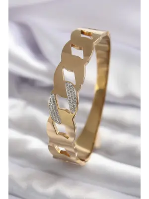 316L Çelik Gold Renk Zincir Model Zirkon Taş Detay Kadın Kelepçe