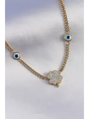 316L Çelik Gold Renk Zincir Model Zirkon Taşlı Yonca Figür Nazar Boncuk Detay Kadın Kolye
