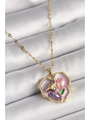 Sarı Zincir Mor Çiçek İşlemeli Zirkon Taş Detaylı Kalp Portre Model S Steel Kolye