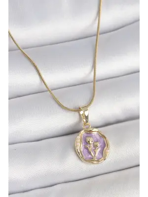 316L Çelik Gold Renk Zincir Mor Mineli Çiçek İşlemeli Portre Model Kadın Kolye