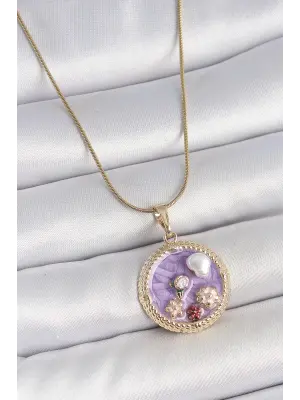 316L Çelik Gold Renk Zincir Mor Mineli İncili Çiçek İşlemeli Madalyon Model Kadın Kolye