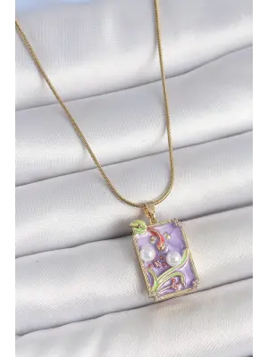 316L Çelik Gold Renk Zincir Mor Mineli İncili Çiçek İşlemeli Portre Model Kadın Kolye